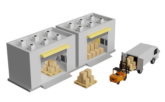 building warehouse with forklift for import export, goods cardboard box, pallet, truck isolated. logistic service concept, 3d illustration or 3d render png