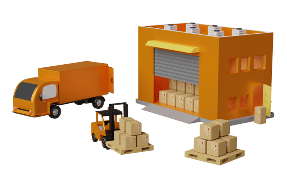 building warehouse with forklift for import export, goods cardboard box, pallet, truck isolated. logistic service concep, 3d illustration or 3d render png