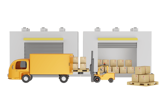 building warehouse with forklift for import export, goods cardboard box, pallet, truck isolated. logistic service concept, 3d illustration or 3d render png