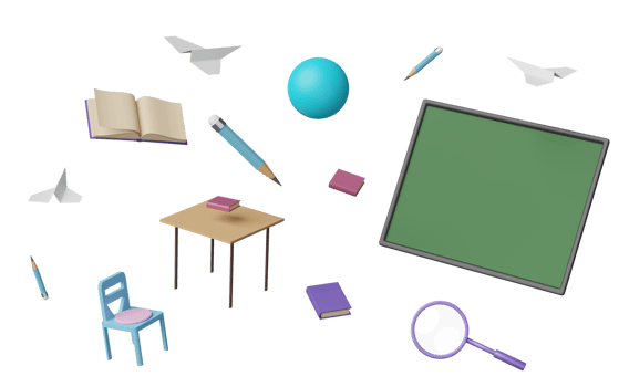 green blackboard with globe, paper plane, student desk, chair, magnifying, open book isolated. room online innovative education, e-learning concept, 3d illustration or 3d render png