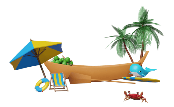 stage podium empty with palm tree, lifebuoy, whale, surfboard, crab, rainbow, cloud isolated. online shopping summer sale concept, 3d illustration, 3d render png