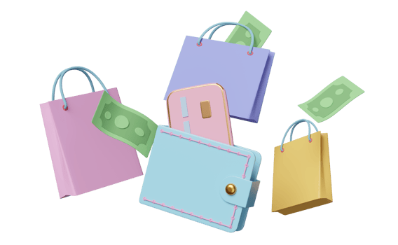 wallet and credit card with dollar banknote, shopping paper bags isolated. saving money concept, 3d illustration or 3d render png