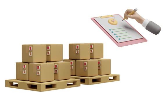 check list with businessman hands holding pencil, clipboard, check mark, goods cardboard box, pallet, isolated. concept 3d illustration or 3d render png