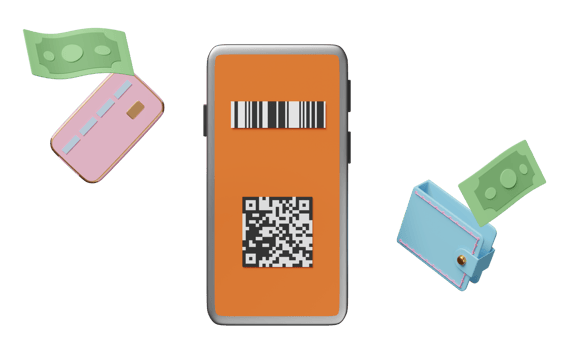 3d orange mobile phone or smartphone with barcode, qr code scanning, wallet, banknotes, credit card isolated. online shopping, cashless payment concept, 3d render illustration png