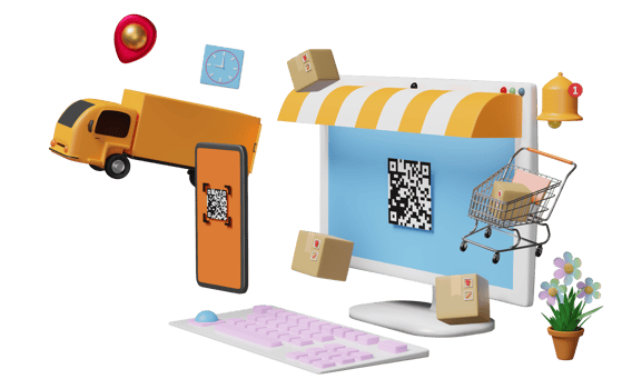computer monitor with mobile phone, smartphone, truck, qr code scanning, goods cardboard box isolated. Online delivery, online order tracking concept, 3d illustration, 3d render png