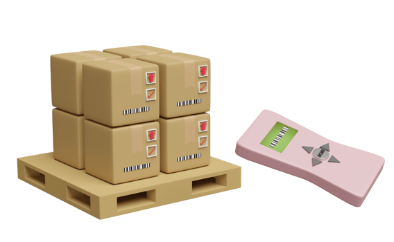goods cardboard box with barcode scanner, pallet isolated. concept 3d illustration or 3d render png