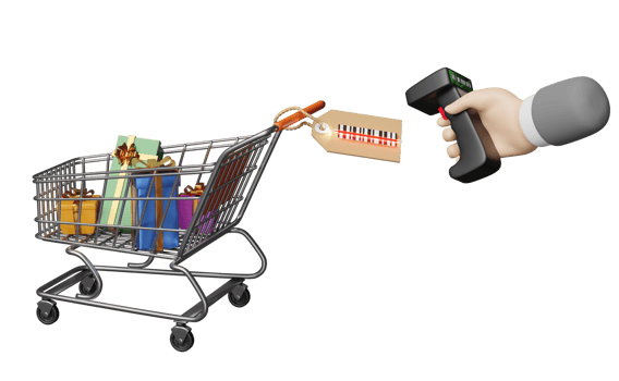 shopping cart with gift box, businessman hands holding barcode scanner, price tags isolated. concept 3d illustration or 3d render png
