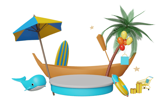 3d stage podium with boat, umbrella, balloon, palm, shopping bags, lifebuoy, whale, cart, surfboard isolated. web search engine, online shopping summer sale concept, 3d render illustration png