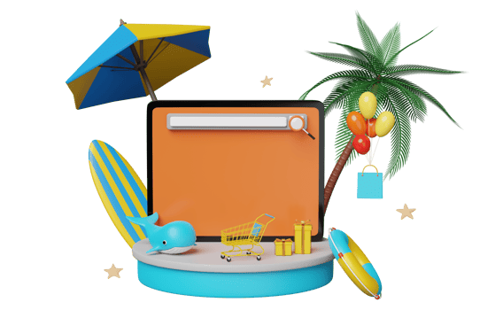 3d podium with mobile phone, smartphone, umbrella, balloon, palm, shopping bags, lifebuoy, whale isolated. web search engine, online shopping summer sale concept, 3d render illustration png