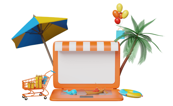 3d laptop computer monitor with store front, palm tree, cart, shopping paper, balloon, lifebuoy, whale, boat, gift box isolated. online shopping summer sale concept, 3d render illustration png