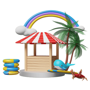 building shop store front with stage podium, lifebuoy, palm tree, whale, crab, rainbow, cloud, surfboard isolated. online shopping summer sale concept, 3d illustration or 3d render png