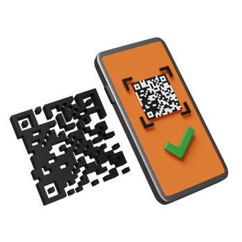 orange mobile phone or smartphone with barcode, qr code scanning, check mark isolated. online shopping concept, 3d illustration, 3d render png