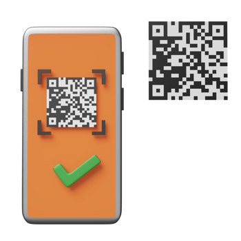 orange mobile phone or smartphone with barcode, qr code scanning, check mark isolated. online shopping concept, 3d illustration, 3d render png