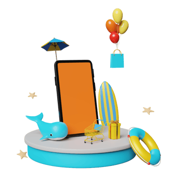 stage podium with mobile phone, smartphone, umbrella, balloon, whale, shopping paper bags, lifebuoy, surfboard isolated. online shopping summer sale concept, 3d illustration, 3d render png