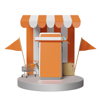 mobile phone, smartphone with stage podium, search bar, magnifying, shopping cart, flag, price tags, tent isolated. search engine, online shopping concept, 3d illustration or 3d render png