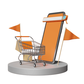 mobile phone, smartphone with stage podium, search bar, magnifying, shopping cart, flag, price tags isolated. search engine, online shopping concept, 3d illustration or 3d render png