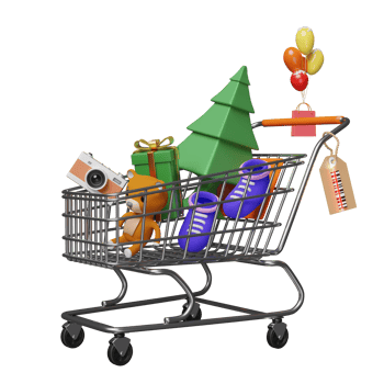 shopping cart with christmas tree, gift box, bag, price tags, toy isolated. startup franchise business, happiness cards, festive New Year concept, 3d illustration, 3d render png