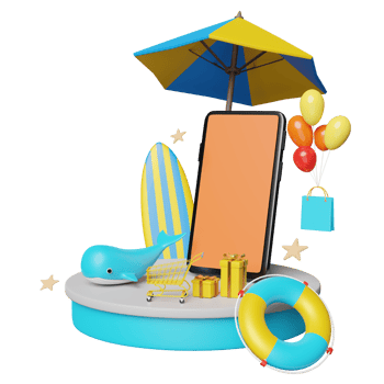3d stage podium with mobile phone, smartphone, umbrella, balloon, whale, shopping paper bags, lifebuoy, surfboard isolated. online shopping summer sale concept, 3d render illustration png