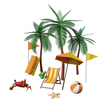 summer travel with suitcase, beach chair, umbrella, coconut, palm tree, crab, ball, flag, starfish isolated. concept 3d illustration or 3d render png