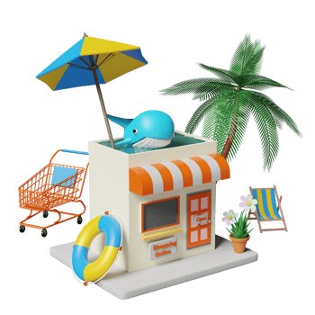 building shop store front with beach chair, umbrella, lifebuoy, palm, cart, whale, crab, pool isolated. online shopping summer sale concept, 3d illustration or 3d render png