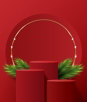 Podium shape for show cosmetic product display for Christmas day or New Years. Stand product showcase on red background with tree christmas. vector design.