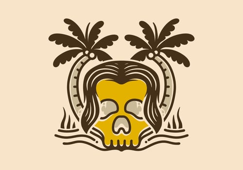 Illustration design of a skull with long hair and two coconut trees vector