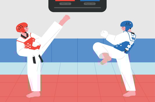 Korean traditional martial arts. Two athletes wearing protective gear and having a taekwondo match. vector