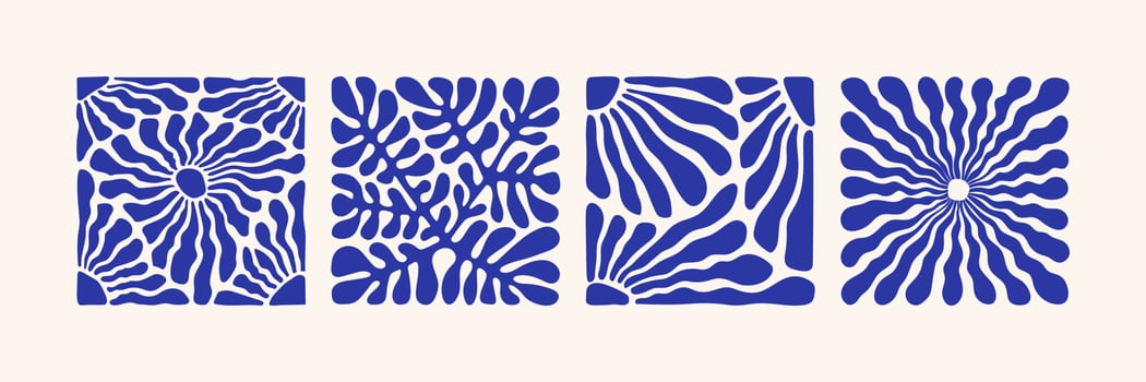 Matisse abstract flower art set. Organic doodle shapes in trendy naive retro style and blue colors. vector