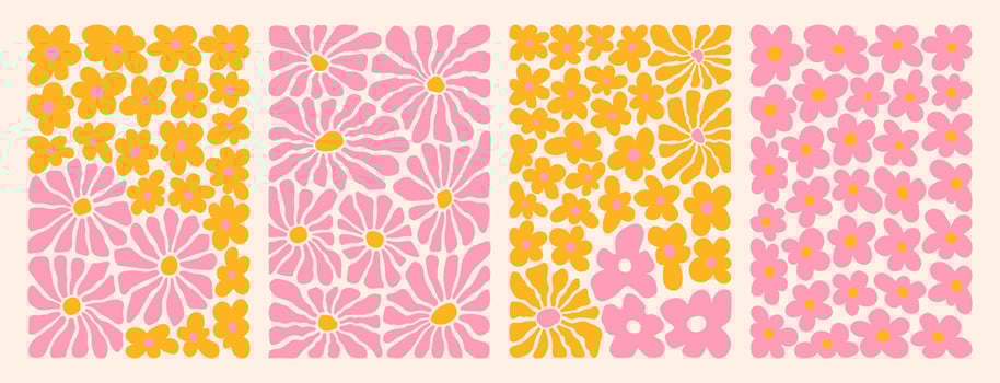 Groovy abstract flower art set. Organic doodle shapes in trendy naive retro hippie 60s 70s style. vector
