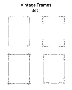 Set of 4 unique retro ornate frames with corner flourishes, collection of exclusive rectangle vignette templates, copy space hand drawn design elements, for pages, blanks, greetings, certificates vector