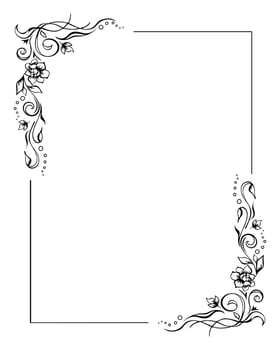 Rectangular floral frame, rose border template with flourishes in two corners. Elegant hand-drawn decorative elements, foliage and blossom. Editable design on white background for prints vector