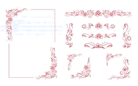 Rectangular floral frame, romantic rose border template with flourishes. Elegant hand-drawn decorative elements, foliage and blossom. Set of editable vignettes on white background for prints vector