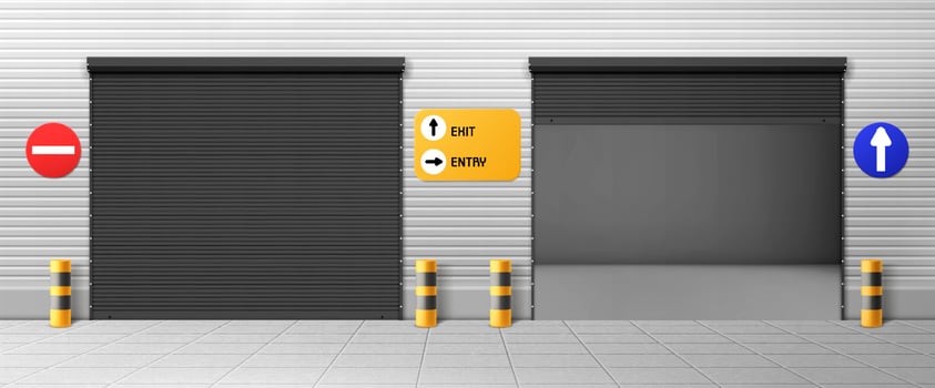 Garage doors, commercial hangar entrance doorways vector