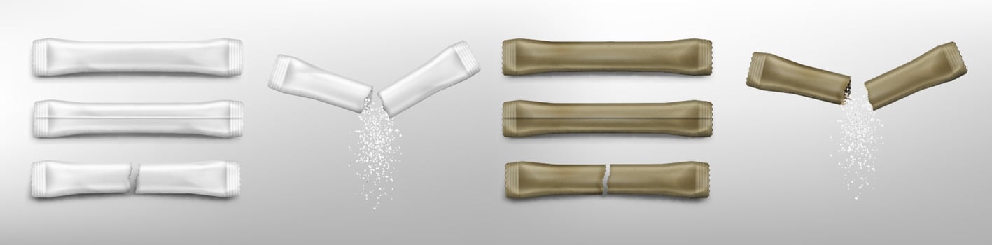 Sugar sticks white and brown whole and used sachet vector