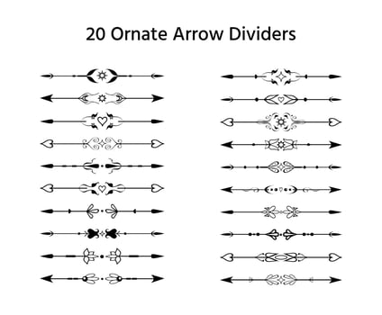 Hand-drawn decorative ethnic fantasy arrows, double edged, text dividers, paragraph separators. Set of ornate delimiter border elements for design, prints, decoration, Valentine etc vector