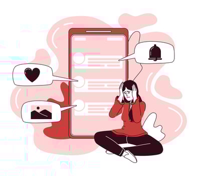 Woman overwhelmed by social media flat concept vector illustration. Stressed lady. Editable 2D cartoon character on white for web design. Anxiety creative idea for website, mobile, presentation