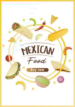Mexican food flyer A4 with tacos, burritos, tamales, quesadilla, empanadas, elotes and nachos. Banner healthy food, cooking, menu, food concept. vector