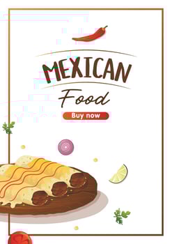 A4 flyer with mexican food enchilada corn tortilla with minced meat. Banner healthy food, cooking, menu, food concept. vector