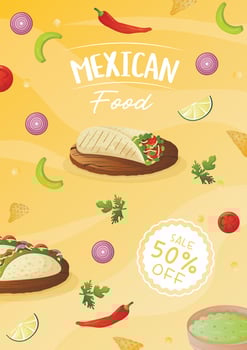 Mexican food flyer A4 with tacos, burritos, tamales, quesadilla, empanadas, elotes and nachos. Banner healthy food, cooking, menu, food concept. vector