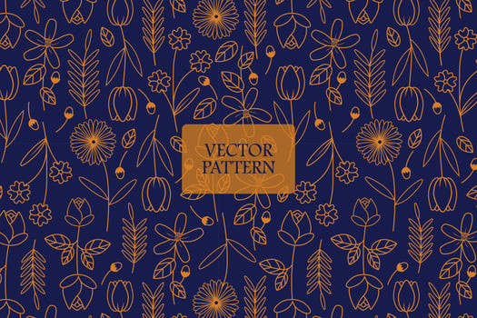 Outline golden garden flower on a dark background. Abstract floral seamless repeat vector pattern
