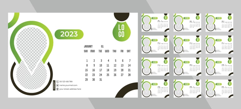 Desk Monthly Photo Calendar 2023. Simple monthly horizontal photo calendar Layout for 2023 new year in English. Cover Calendar and 12 months templates. vector