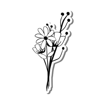 Monochrome Mini Flowers Bouquet on white silhouette and gray shadow. Vector illustration for decoration or any design.