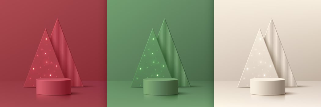 Colorful Christmas trees and podium vector
