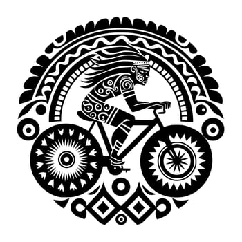 Aztec chief cyclist, ornate illustration. Design for embroidery, tattoo, t-shirt, emblem, wood carving, logo. vector
