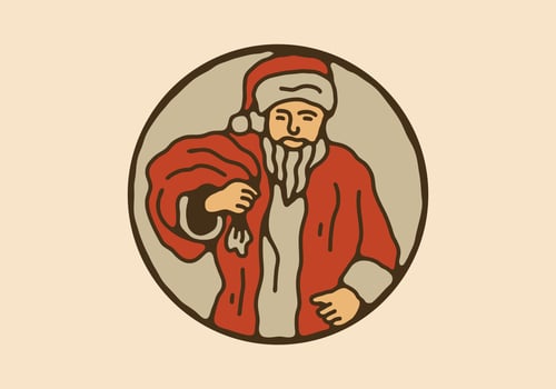 Vintage illustration drawing of santa claus carries a sack of gifts vector