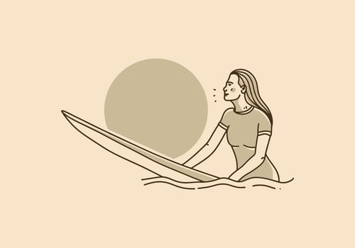 Vintage art illustration of a woman sitting on a surfboard vector