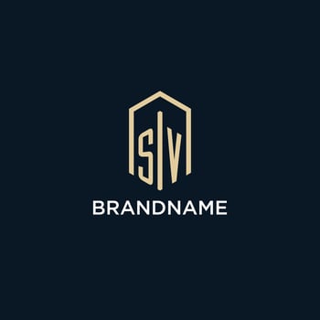 SV initial monogram logo with hexagonal shape style, real estate logo design ideas inspiration vector