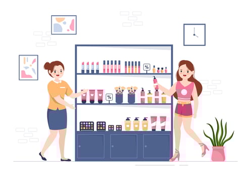 Cosmetics Store with Girl Skincare, Cosmetic, Perfume, Makeup and Beauty Products Choice in in Flat Cartoon Hand Drawn Templates Illustration vector