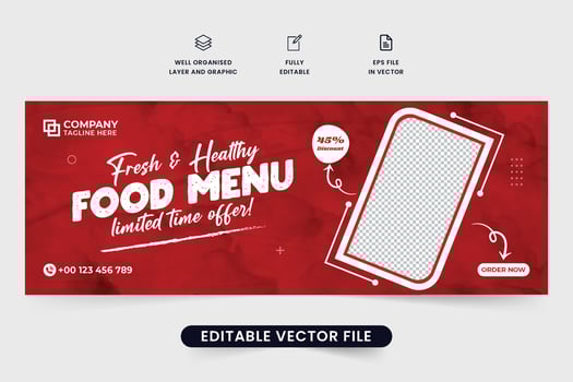Healthy food promotional template design for social media cover. Special food menu discount offer vector with a photo placeholder. Creative culinary business web banner design with red color.