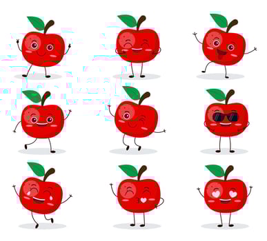 Cute happy apple character. Funny fruit emoticon in flat style. vector